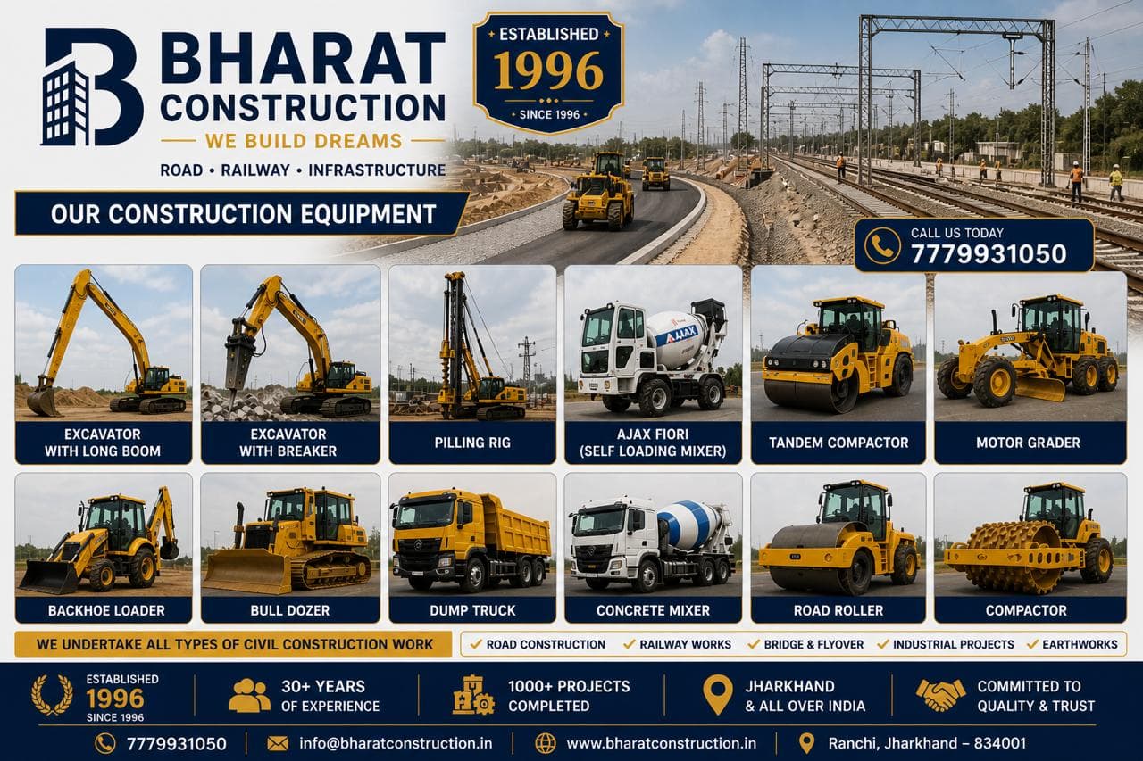 Bharat Construction poster showing the construction equipment fleet