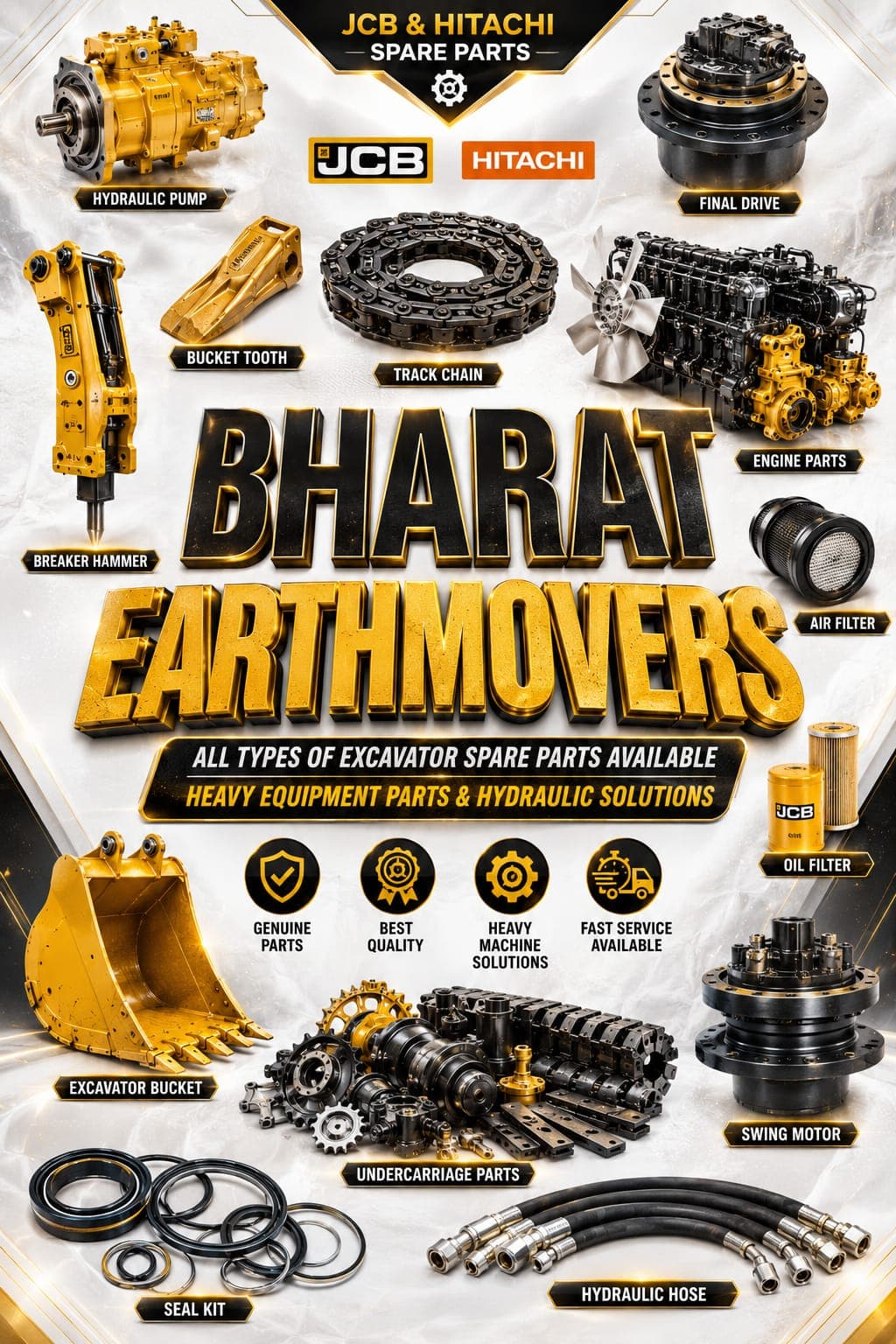 Bharat Earthmovers poster showing excavator spare parts