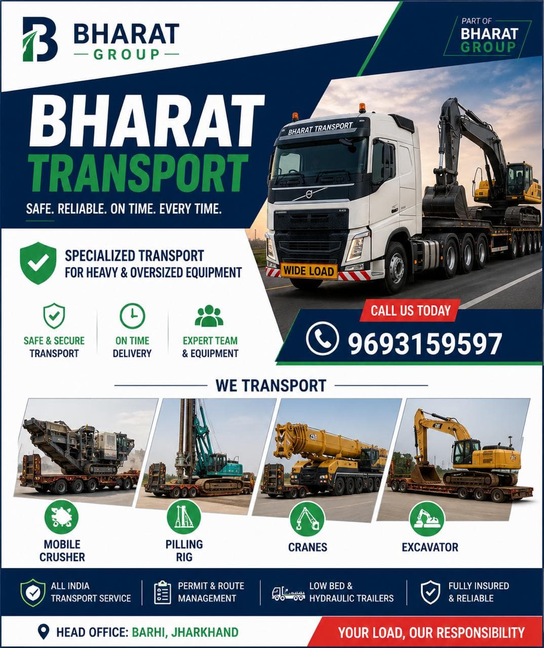 Bharat Transport poster showing a low bed trailer carrying an excavator